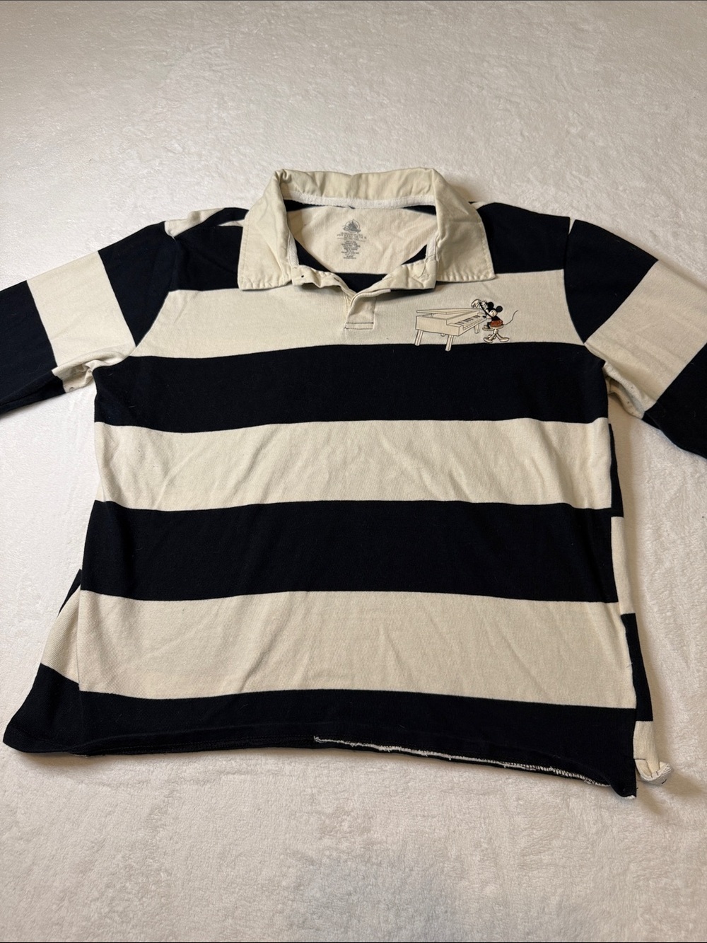 Disney Black and Cream Striped Rugby Shirt with Embroidered Mickey Mouse
